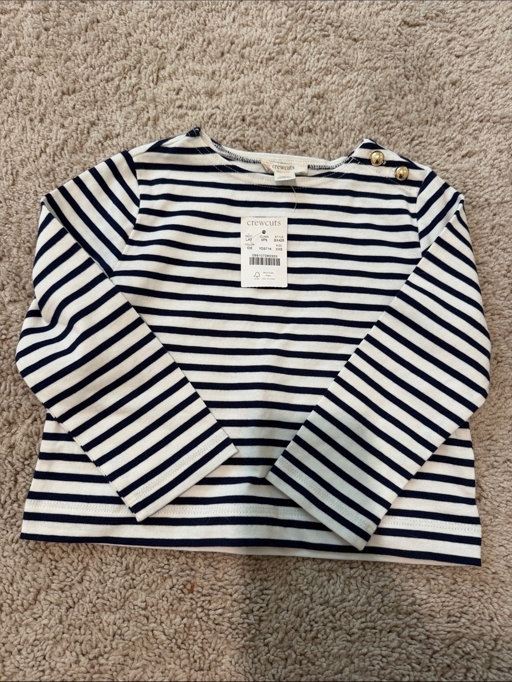 Crewcuts Navy and White Striped Long Sleeve Top with Shoulder Buttons